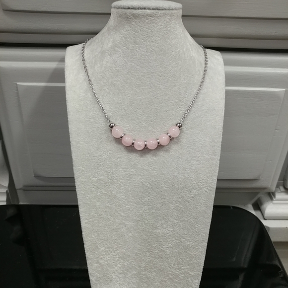 Rose Quartz Bead Necklace Natural Gemstone Crystal Stainless-Steel Chain 20" - Picture 8 of 13
